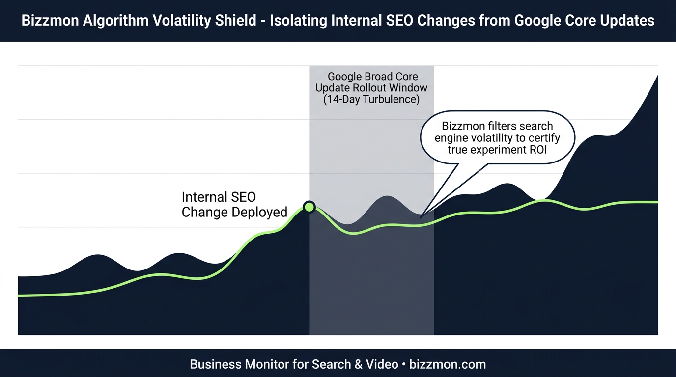 Bizzmon Google Core Update Volatility Shield Infographic showing search engine algorithm turbulence separated from organic SEO trajectory