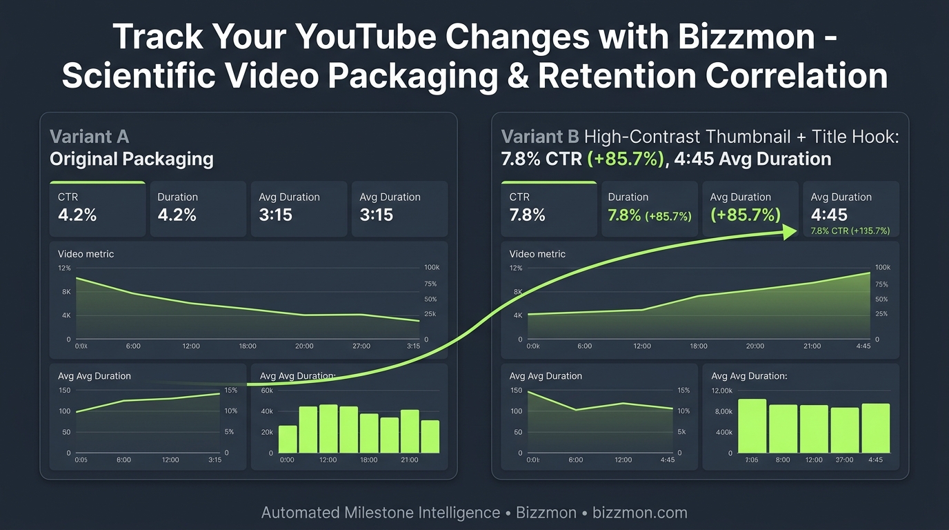 Bizzmon YouTube Experiment Packaging Workflow Infographic comparing Variant A baseline against Variant B matured post-change CTR and average view duration